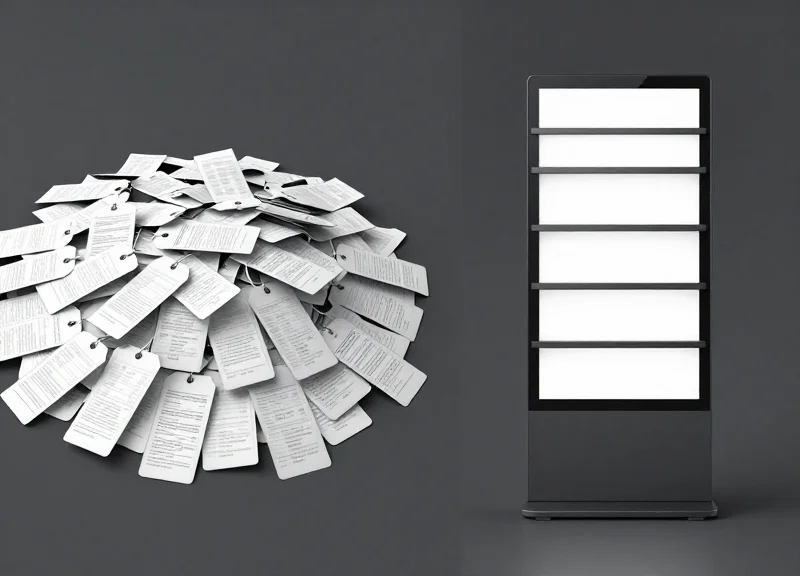 Side-by-side comparison of a single electronic label versus a mountain of discarded paper price tags.