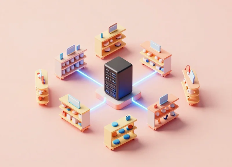 Isometric 3D model of a retail data system showing servers connected to store shelves.