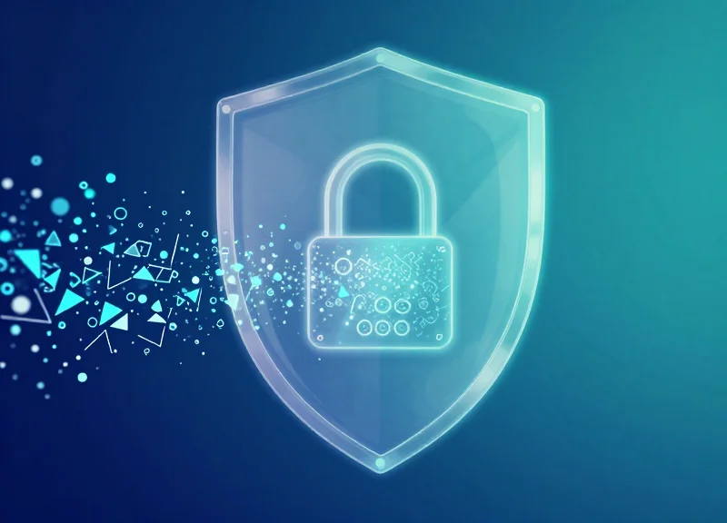 Abstract surreal art of a translucent glowing shield protecting digital data packets.