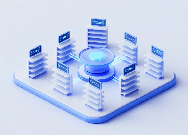 An isometric 3D illustration showing a network of digital shelf labels on modern retail shelves, interconnected by glowing data lines to a central cloud server icon.