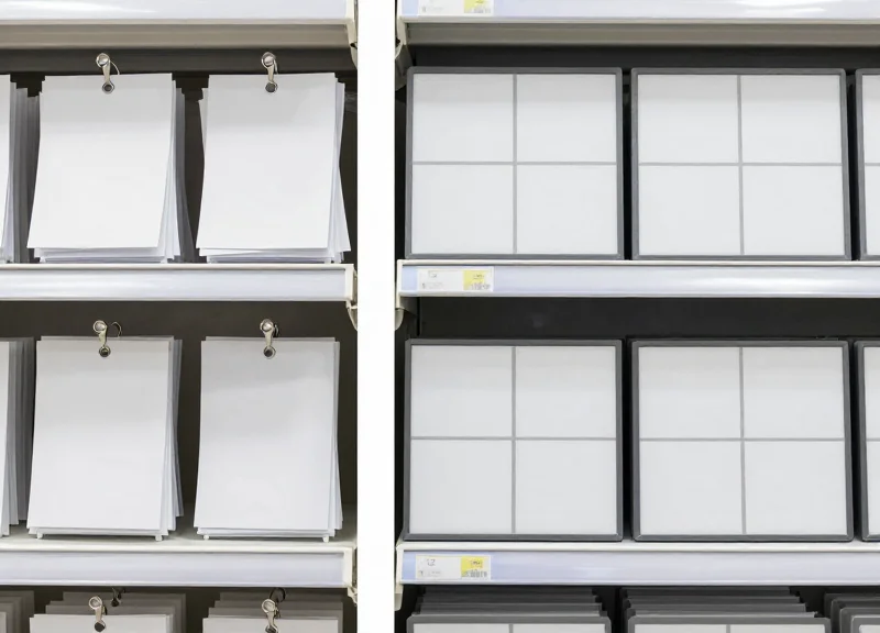 Side-by-side comparison of a traditional cluttered paper label shelf and a modern efficient electronic label shelf.
