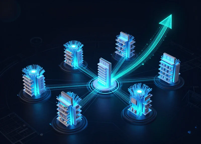 Abstract digital network representing IoT connectivity between retail shelves and a central server hub.