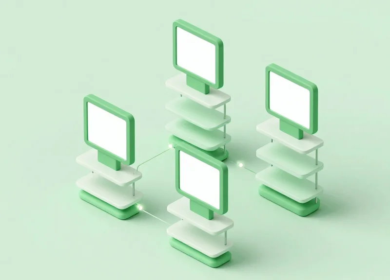 An isometric 3D illustration of a futuristic retail shelf featuring blank electronic shelf labels and glowing data nodes, representing sustainable infrastructure.