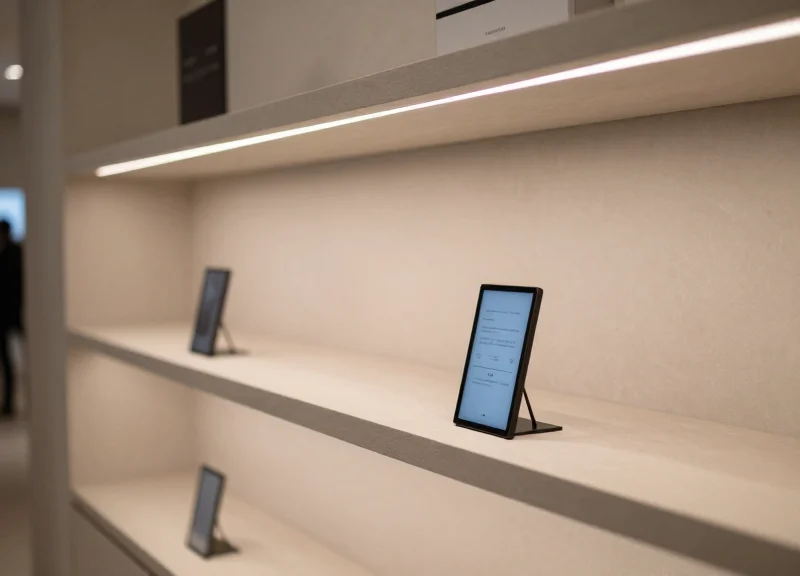 A high-end luxury retail interior featuring minimalist shelving with ultra-thin digital price tags under elegant lighting.