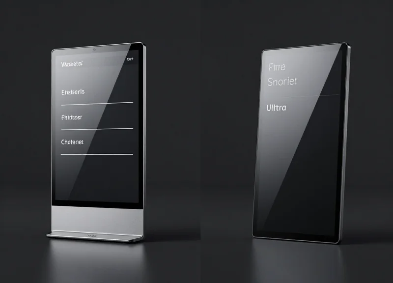A side-by-side comparison of a standard electronic label versus an ultra-slim model on a dark surface.