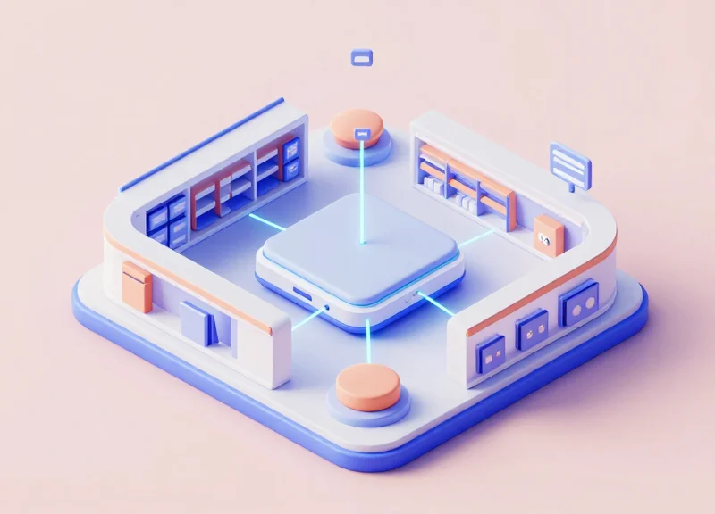 Isometric 3D visualization of a store network connecting digital labels to a central cloud server.