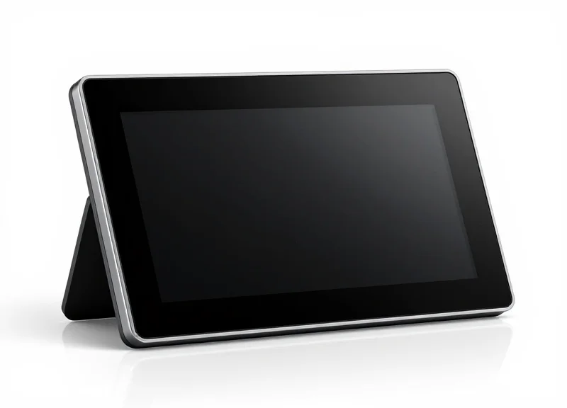 An ultra-thin electronic shelf label with a premium metallic finish, displayed at an angle to highlight its slim profile on a white studio background.