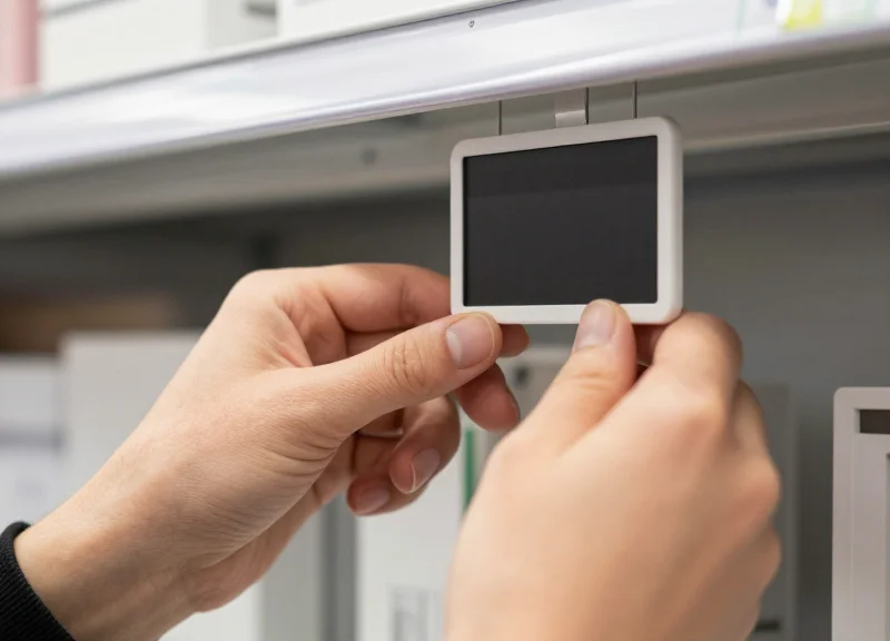 A close-up of a technician's hands installing a slim ESL onto a retail shelf