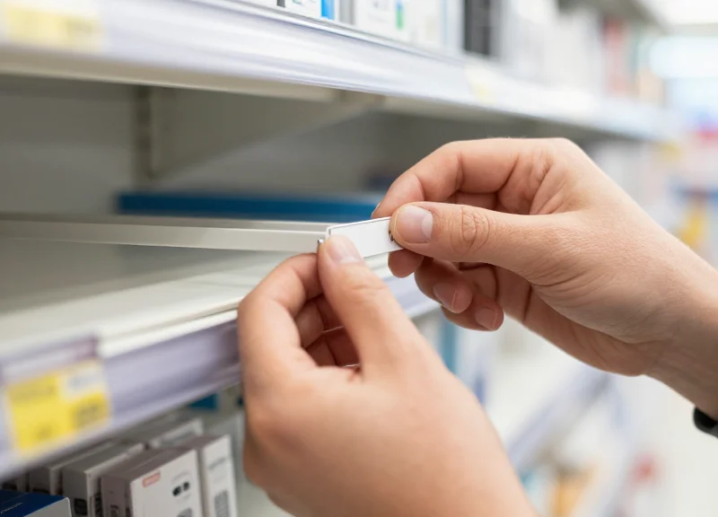 Hands snapping an ultra-thin electronic shelf label into a custom rail mechanism.