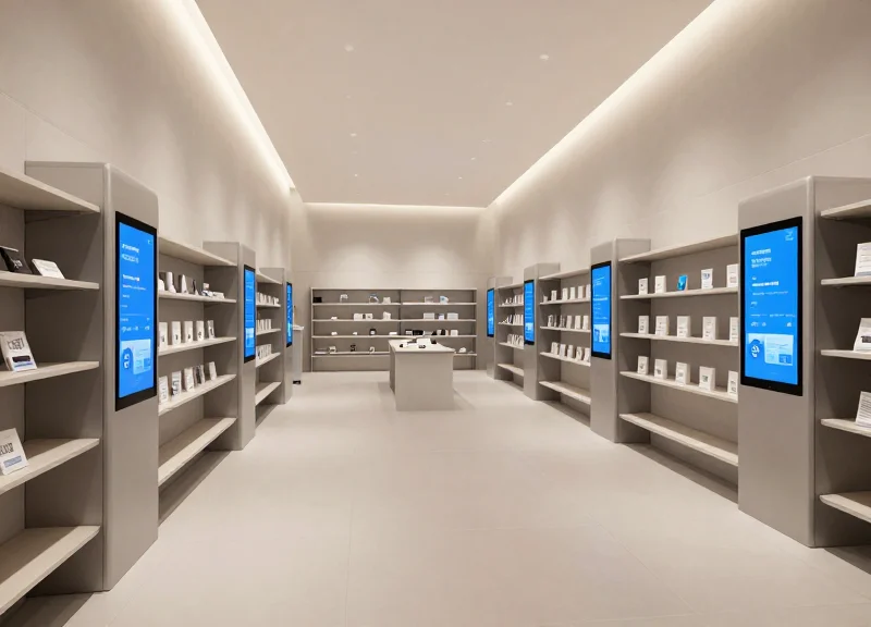 A wide view of a futuristic retail store interior with clean aisles and integrated digital pricing displays.