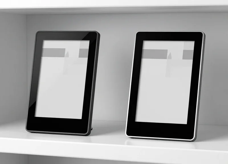 A side-by-side comparison of a thick, bulky older digital price tag next to an ultra-thin, sleek modern electronic shelf label on a clean retail shelf surface.
