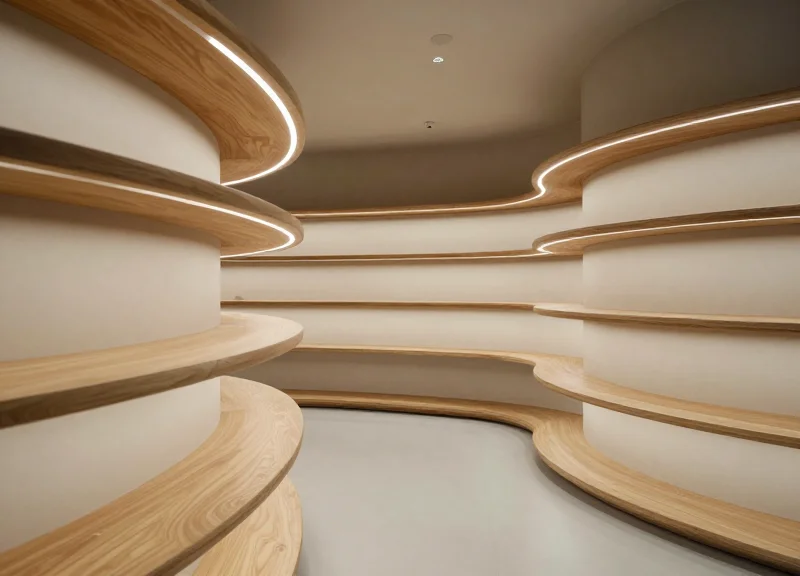 Futuristic retail store with organic curved shelving and minimalist design.