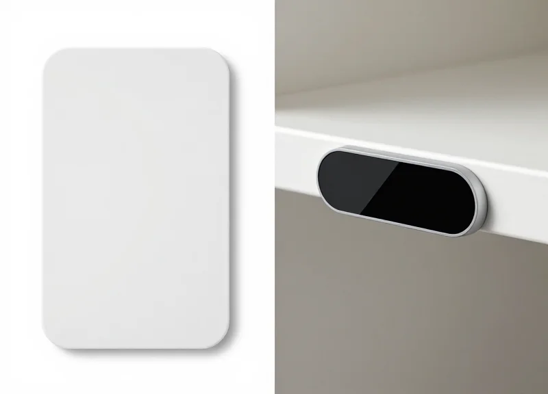 Comparison between a traditional flat rigid price tag and a modern curved flexible label on a shelf.