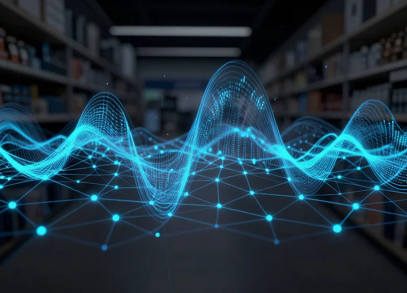Abstract digital mesh network representing Bluetooth and Zigbee connectivity in retail.
