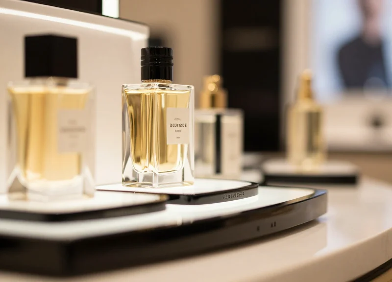Curved electronic shelf label on a luxury cosmetic display counter.