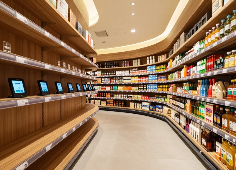 Modern grocery store aisle with elegant curved gondola shelving
