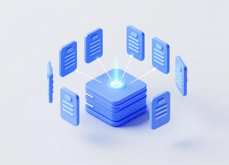 Isometric 3D model of a retail network syncing tags with a central system