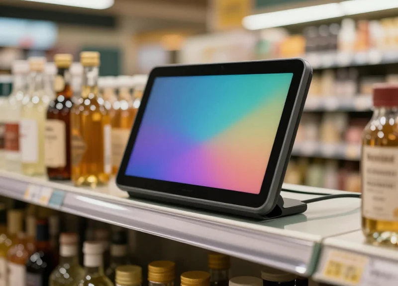 A professional close-up of a modern flexible electronic shelf label smoothly bent around the edge of a curved retail shelf in a high-end store.