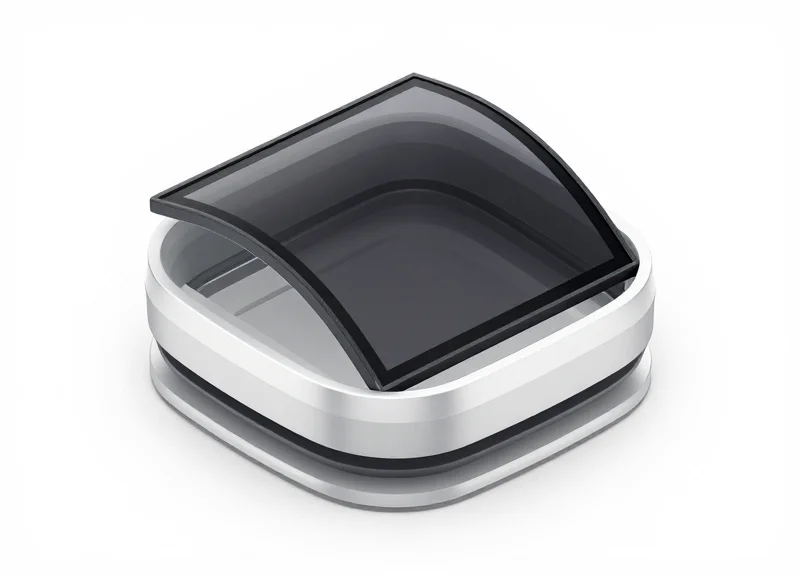 Isometric 3D cross-section of a device bezel supporting a curved flexible screen.