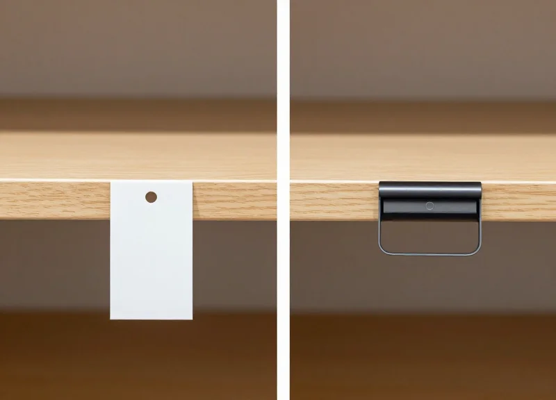 A comparison between a rigid traditional tag protruding from a curve and a flexible ESL following the curve.