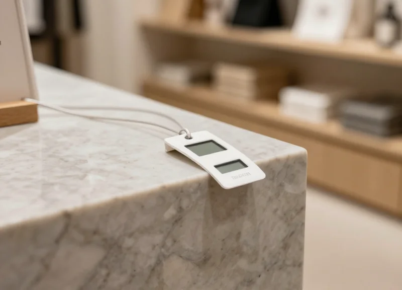 Detail shot of a flexible digital label integrated into a curved stone countertop in a store.