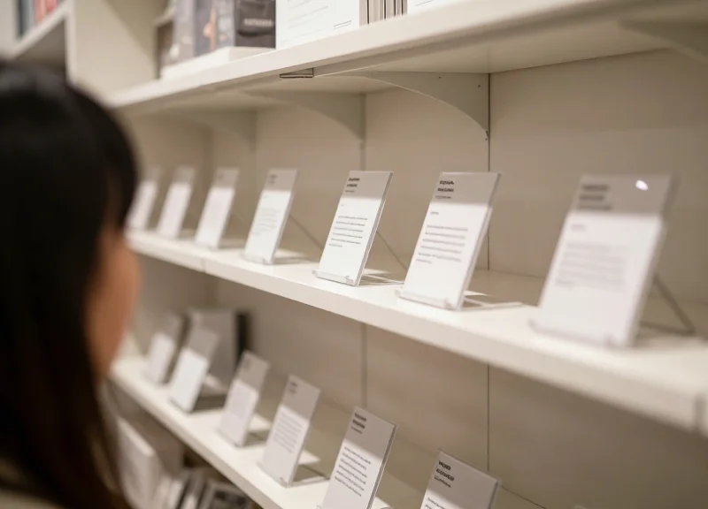 A shopper looking at clearly visible digital labels on curved shelves from a low angle.