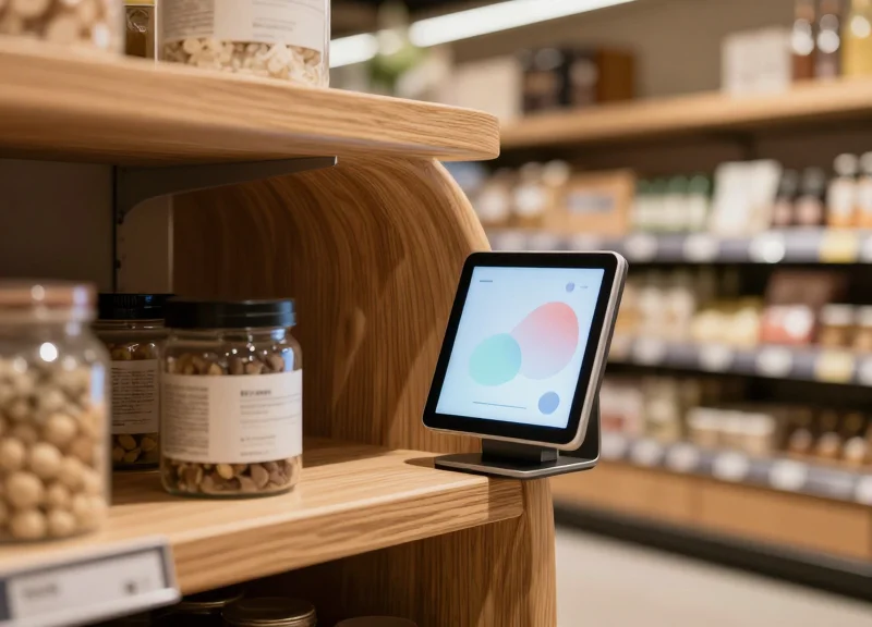 A high-end modern retail interior featuring organic curved wooden shelving with sleek, flexible electronic shelf labels integrated seamlessly into the architecture.