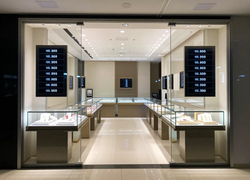 A luxury retail store environment with double-sided electronic shelf labels visible on glass counters.