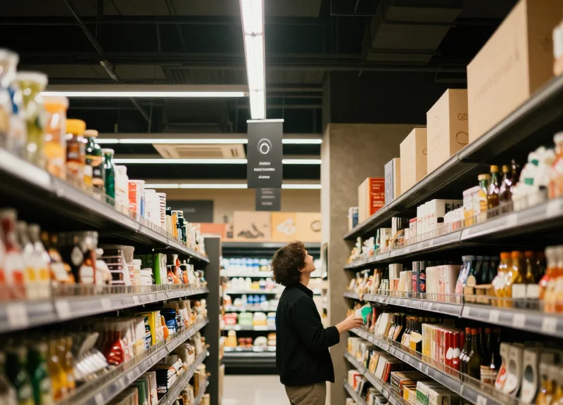A modern supermarket shopper looking up at hanging digital signage in a well-lit aisle, illustrating store navigation.