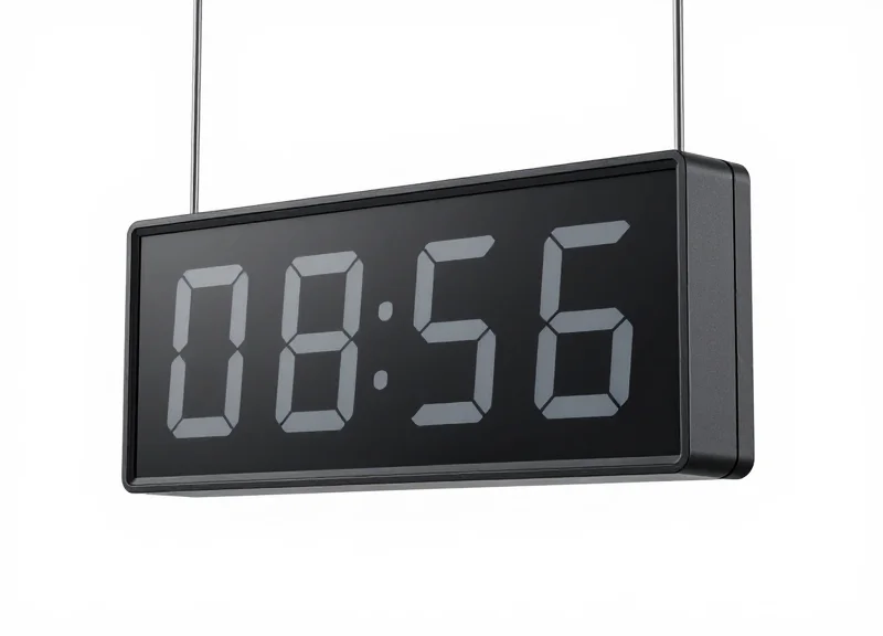 A sleek dual-sided electronic shelf label hanging from ceiling wires against a pure white background.