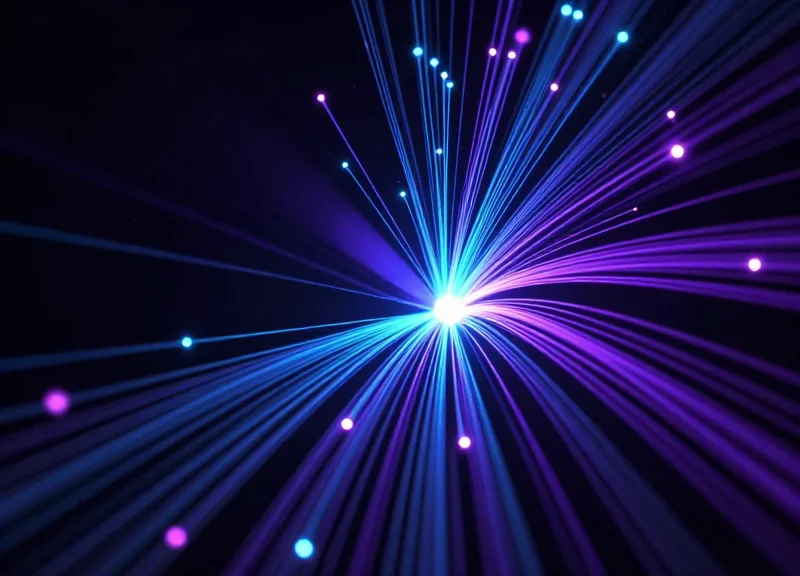 Abstract digital data streams flowing through a dark space, representing real-time wireless updates to digital signage.