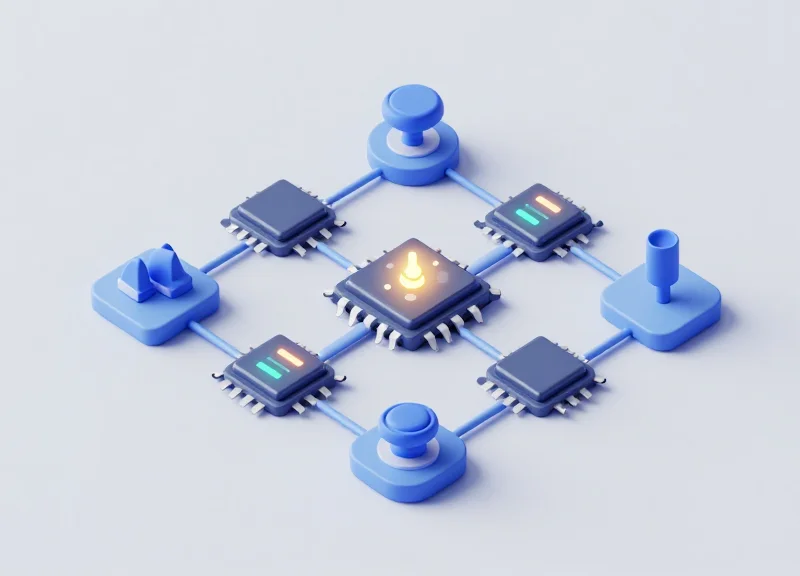 Isometric 3D model of a power management system showing sleep and wake states