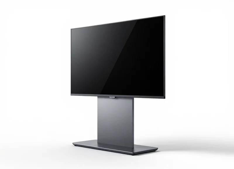 A modern, sleek dual-sided digital display with an omni-directional stand on a white background.