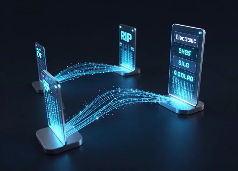 Abstract digital data streams and glowing nodes representing ESL and RFID wireless integration.