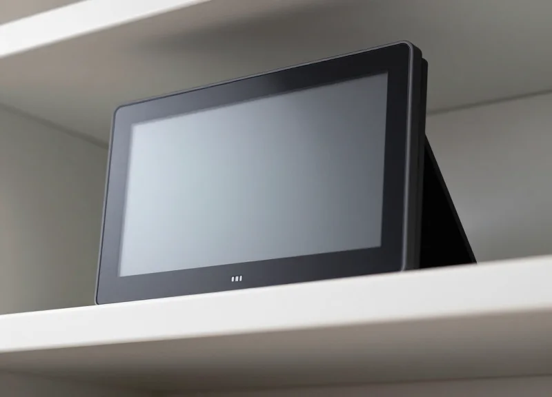 Close-up of a sleek electronic shelf label seamlessly embedded flush into a high-end shelf edge.