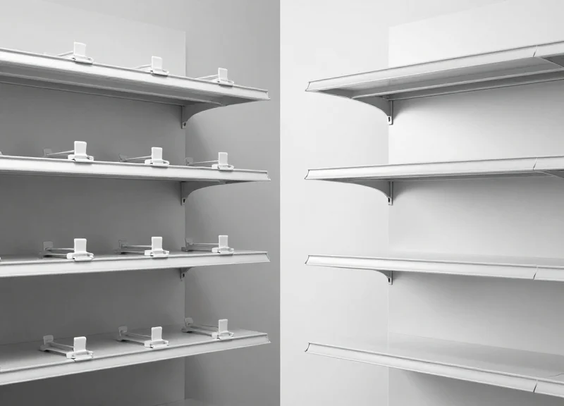 Side-by-side comparison of a traditional shelf with bulky plastic clips and a modern shelf with integrated flush-mount technology.