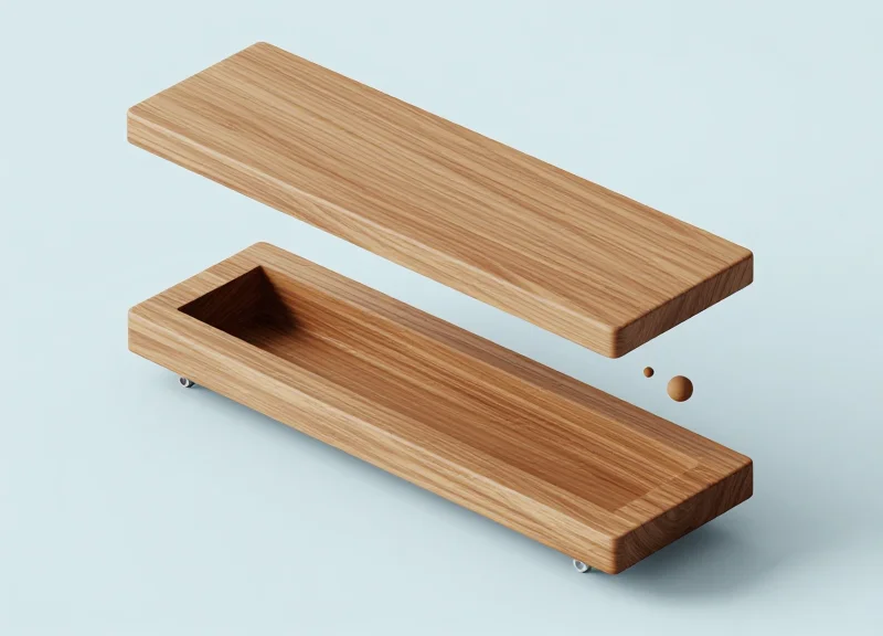 3D isometric model showing how an electronic shelf label fits into a custom-milled wooden shelf slot.