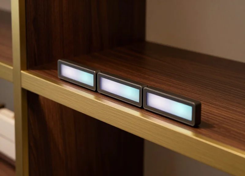 A close-up view of a luxury retail shelf with seamlessly integrated, flush-mounted electronic labels embedded into a brushed metal and dark wood surface in a high-end boutique.