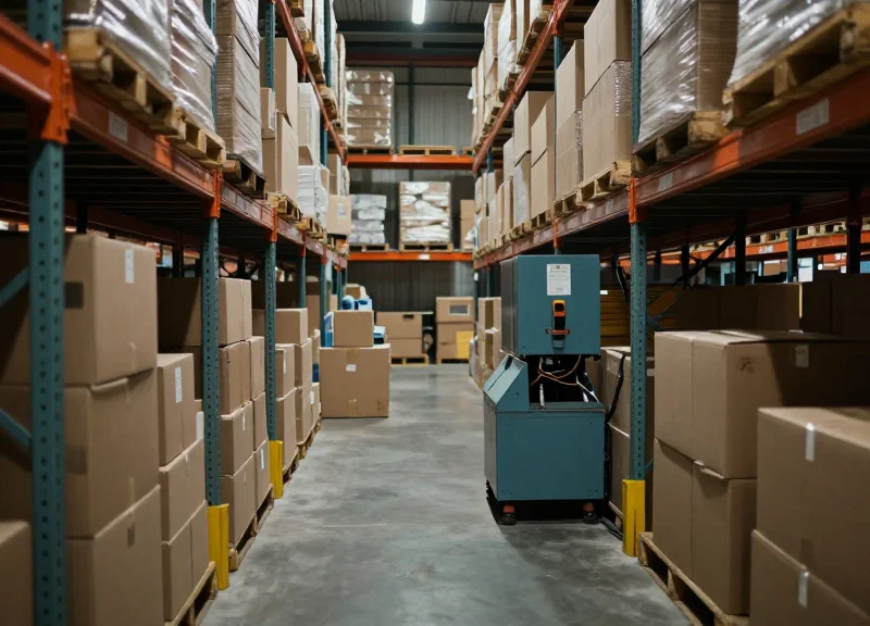 A busy, cluttered warehouse aisle showing operational bottlenecks and slow movement