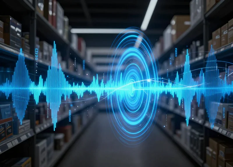 Abstract visualization of wireless signals flowing through a retail shelf system.