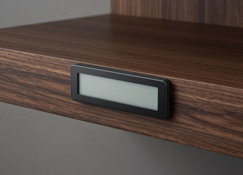 Close-up of a digital price tag perfectly embedded flush into a high-end wooden shelf