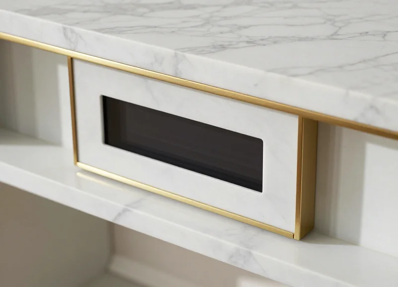 Integration of digital technology with luxury materials like marble and polished metal