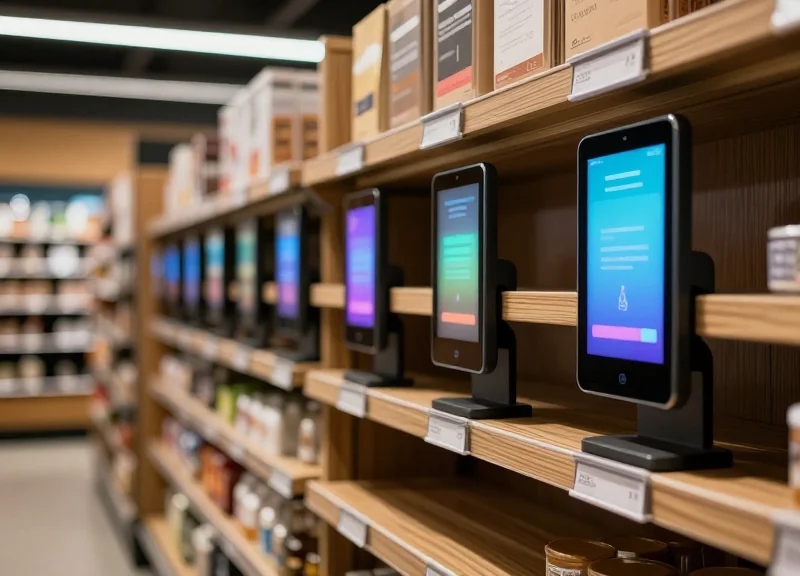 A modern futuristic retail grocery shelf with sleek electronic price tags in 2026.
