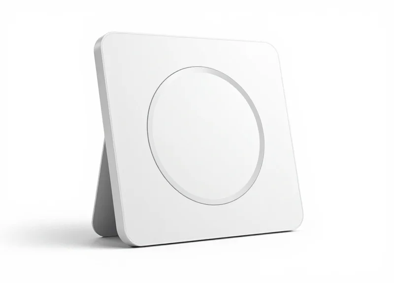 A sleek white electronic shelf label featuring a single prominent interactive button.
