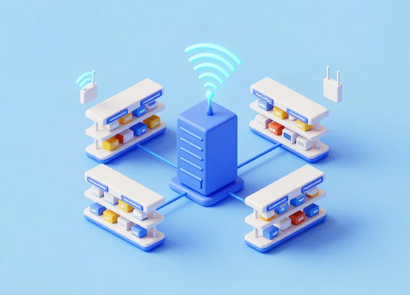 An isometric 3D model showing the integration of ESLs with RFID and retail systems.