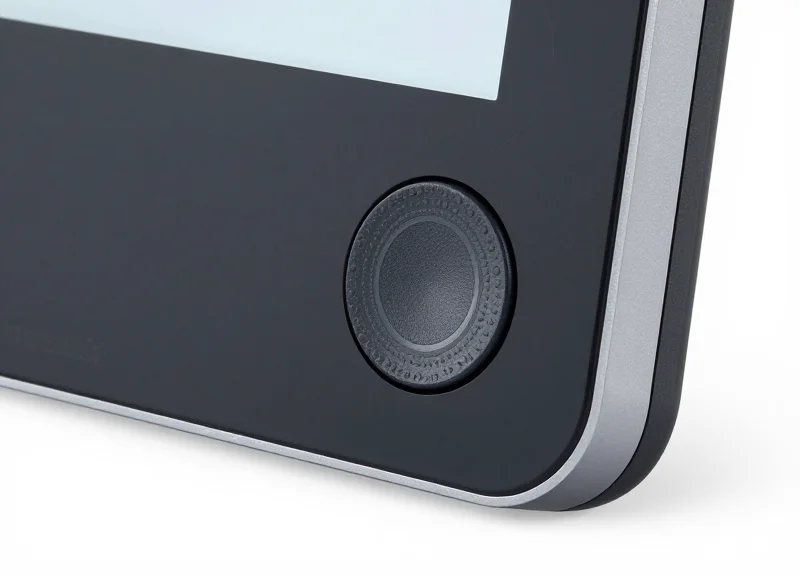 Modern electronic shelf label with a built-in physical button on a white background