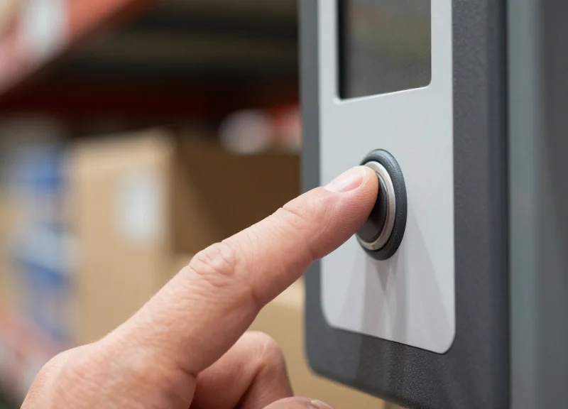 Close-up of a hand pressing a physical confirmation button on a shelf tag
