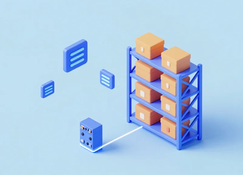 Isometric 3D model of a warehouse picking workflow with connected digital nodes