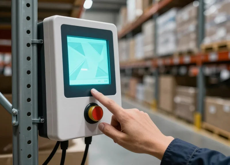 A close-up shot of a hand pressing a physical confirmation button on an electronic shelf label in a warehouse environment.