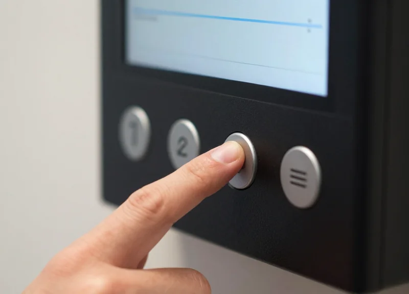 Close-up of a hand pressing a button on a digital shelf label to flip through display pages.